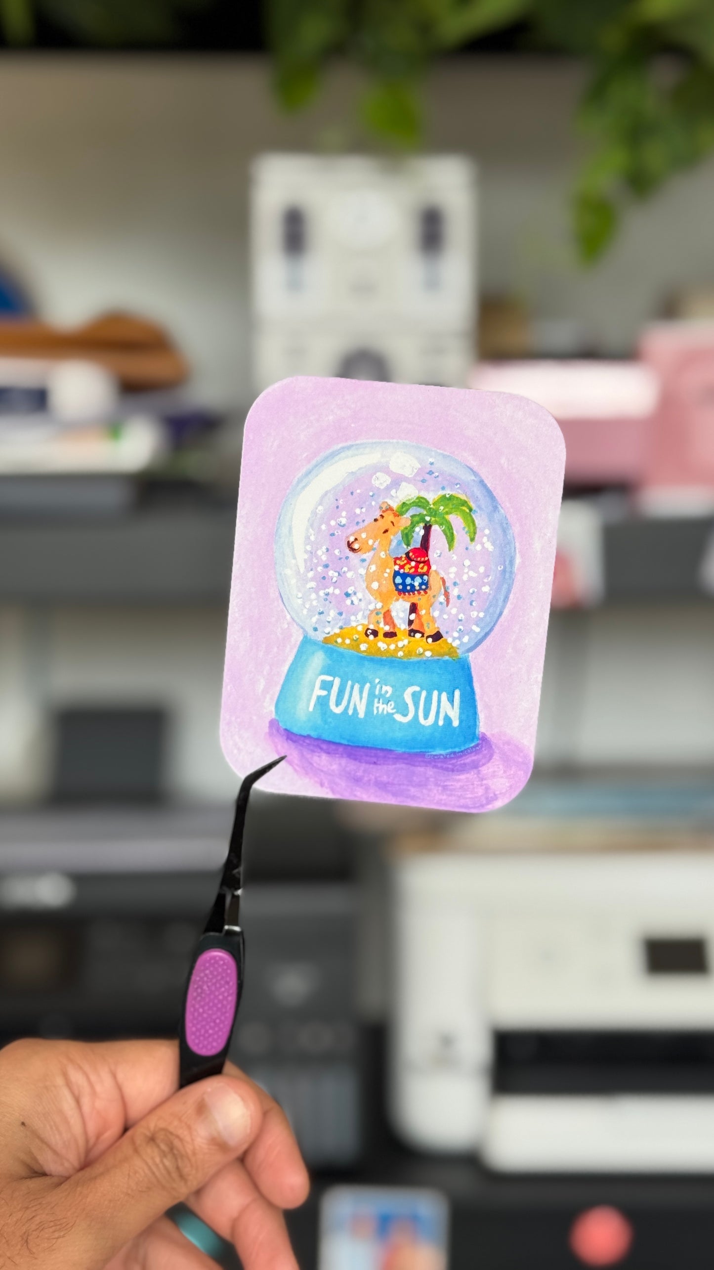 Fun in the Sun Snowglobe Vinyl Sticker, Whimsical Summer Desert Theme Decal, Camel Snowglobe sticker