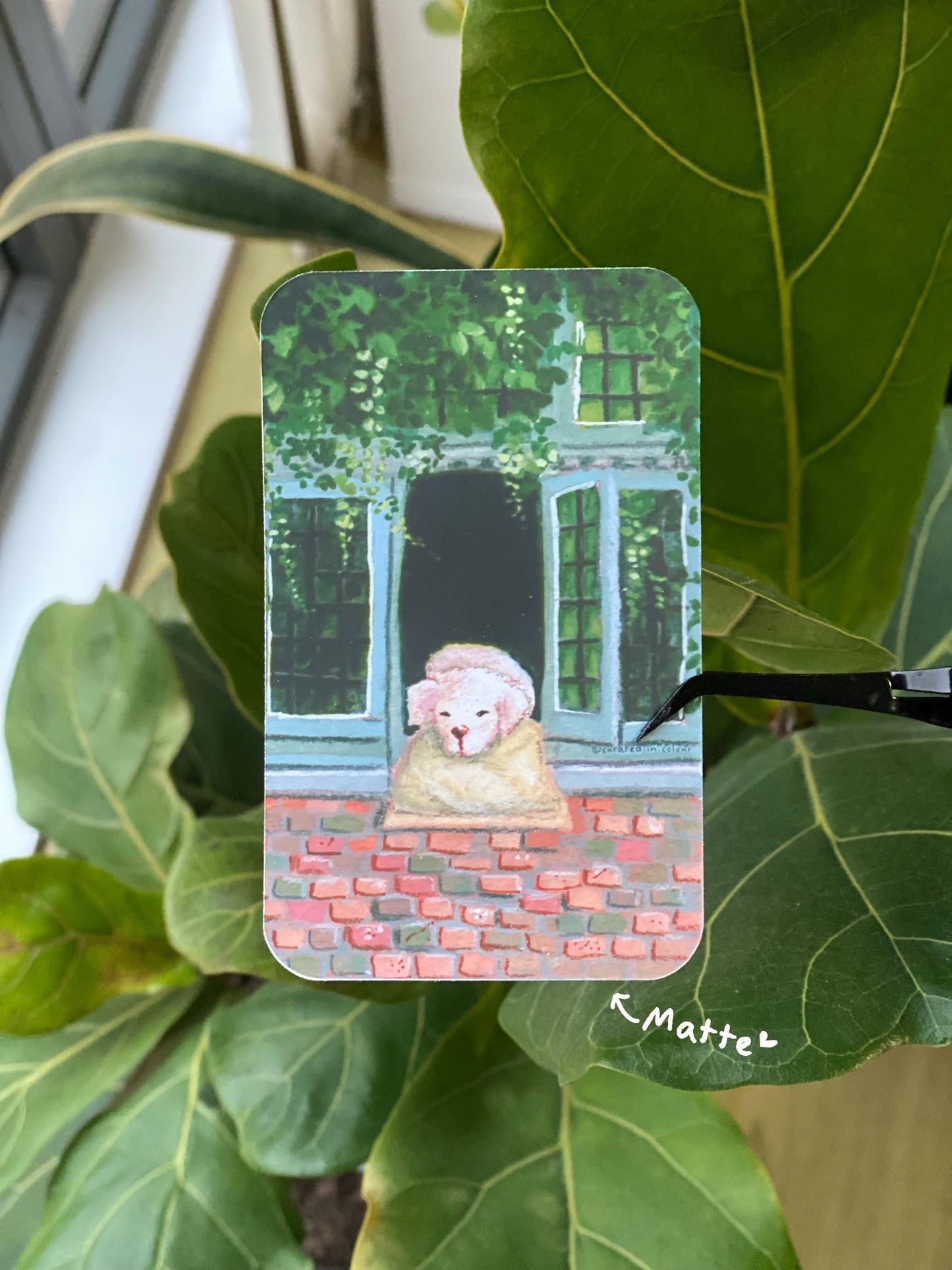 Sleepy Fidel by the window sticker, Bruges Puppy sticker, Adorably cute puppy sticker