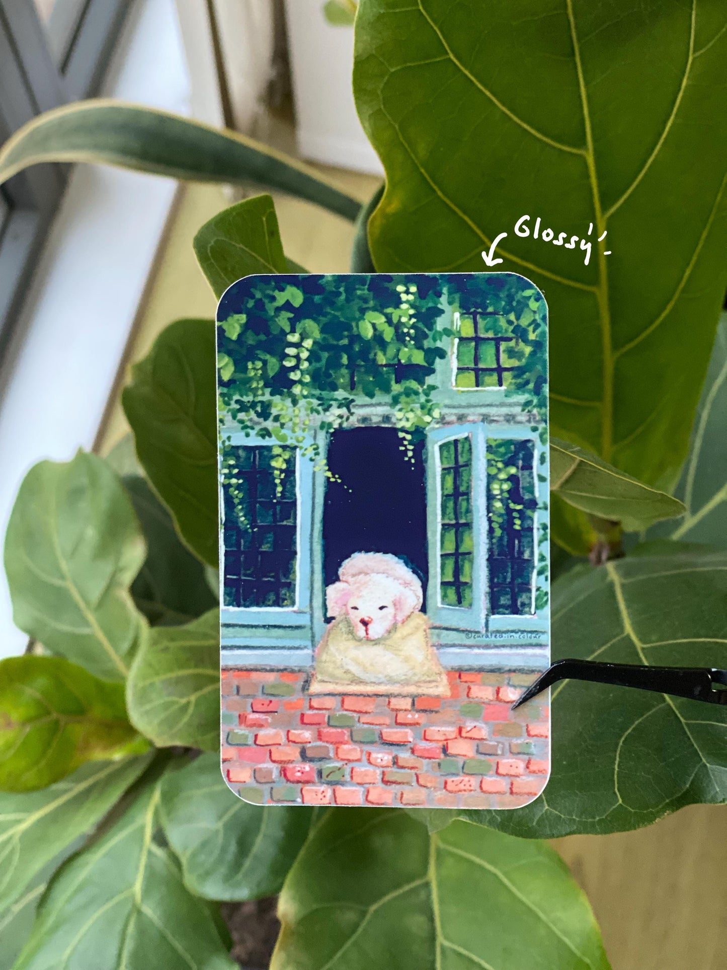 Sleepy Fidel by the window sticker, Bruges Puppy sticker, Adorably cute puppy sticker