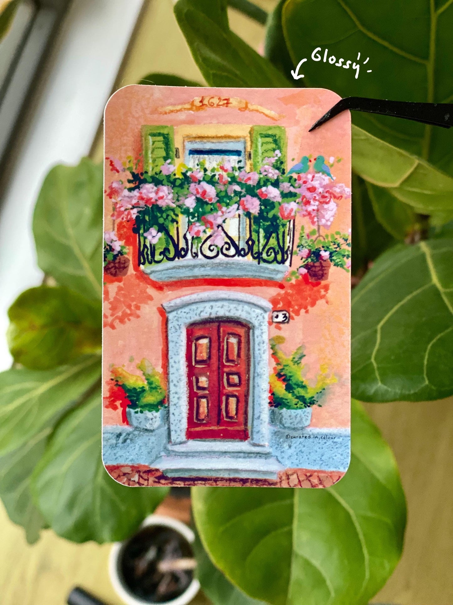 Cute Balcony with Bougainvillea and Birds Vinyl Sticker, Floral Decal for Home Decor