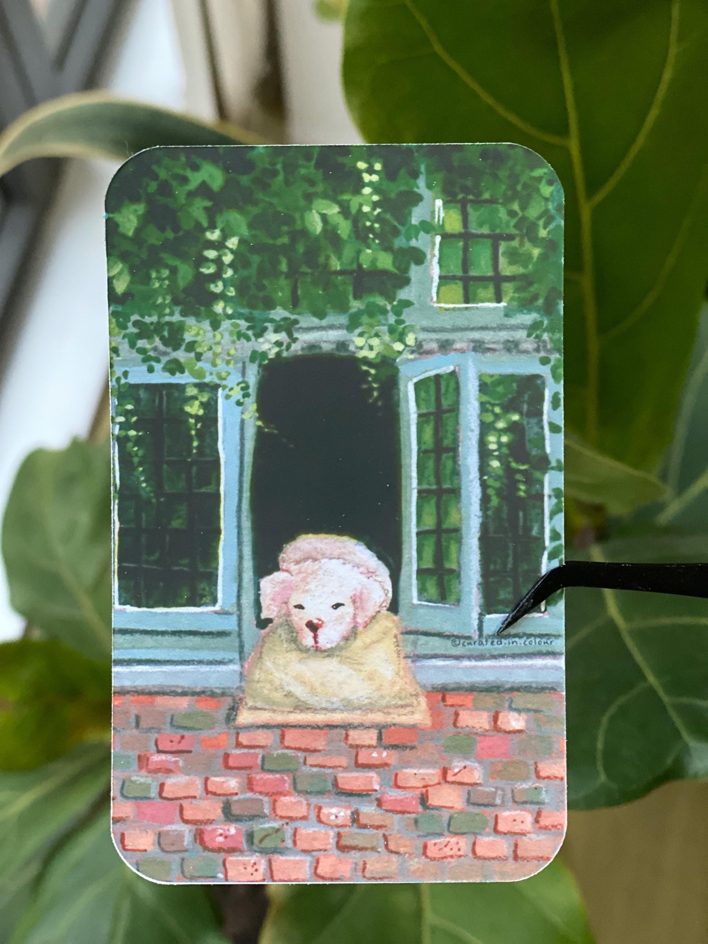Sleepy Fidel by the window sticker, Bruges Puppy sticker, Adorably cute puppy sticker