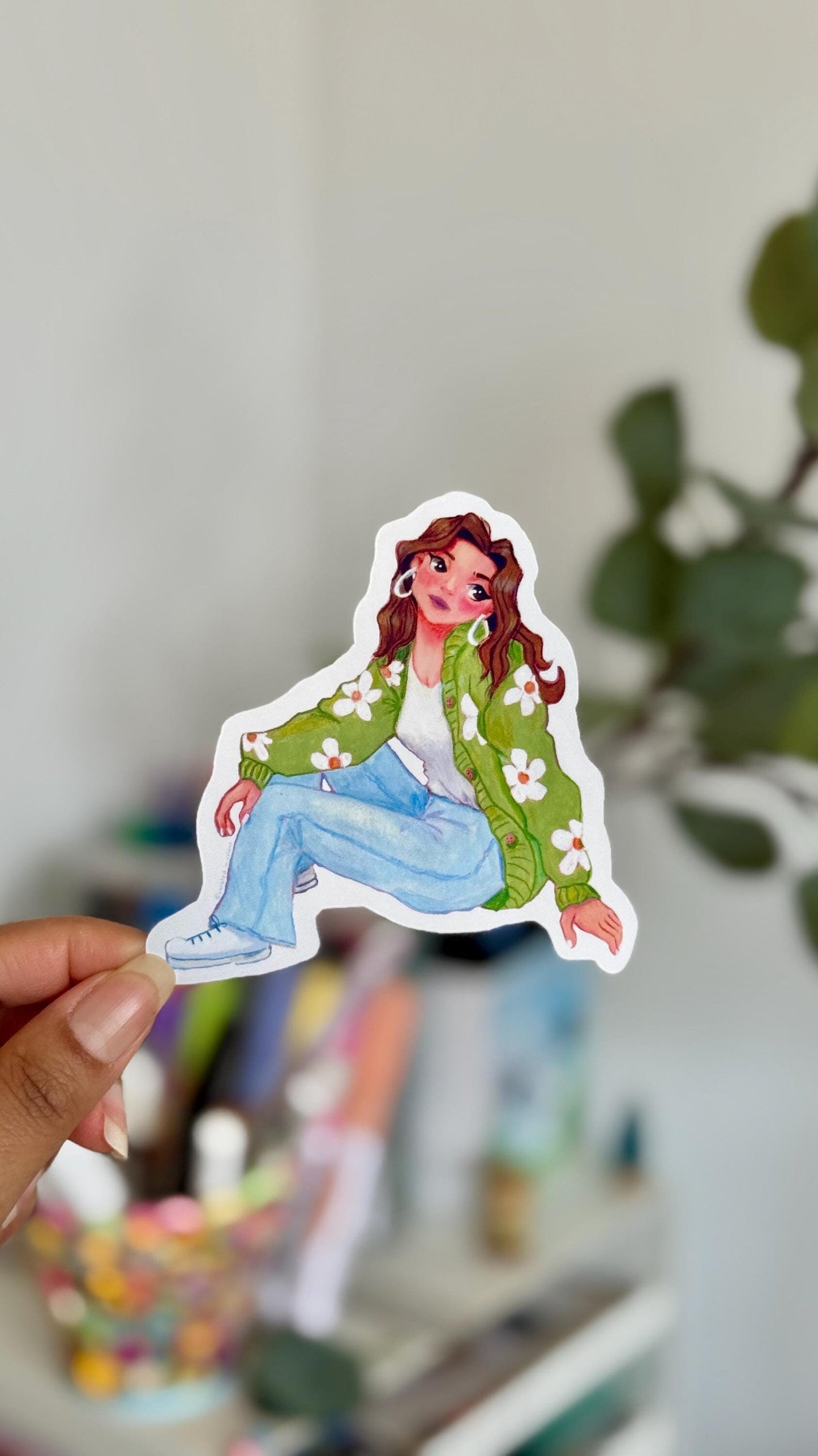 Flower Power Girl Vinyl Sticker, Retro Floral Jacket Decal, Cute Die Cut Sticker
