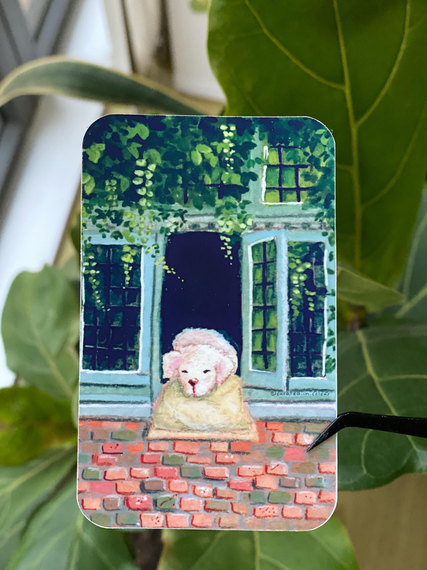 Sleepy Fidel by the window sticker, Bruges Puppy sticker, Adorably cute puppy sticker
